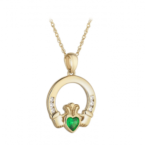10K Gold Green CZ Heart Claddagh Necklace