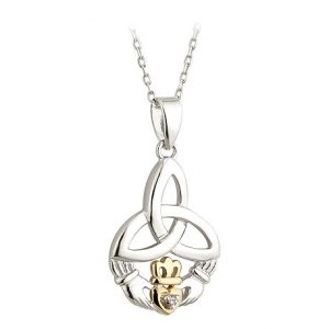 Sterling Silver & 10K Gold Diamond Claddagh and Trinity Knot Pendant