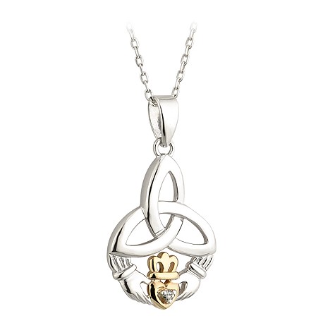 Sterling Silver & 10K Gold Diamond Claddagh and Trinity Knot Pendant