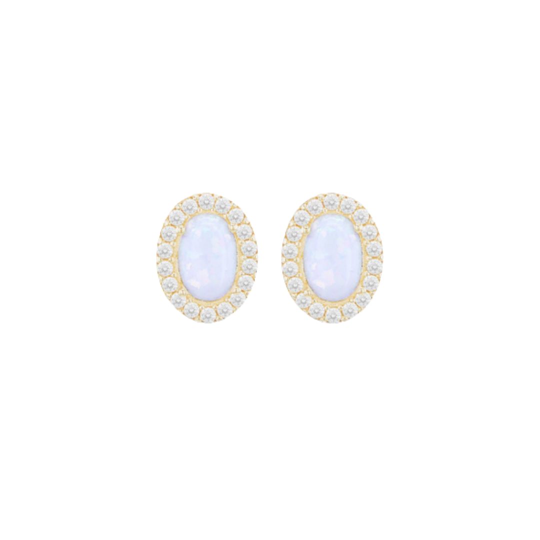 9ct Yellow Gold Synthetic Oval Opal and CZ Stud Earring