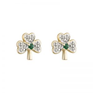 9K Gold CZ & Green Agate Shamrock Earrings