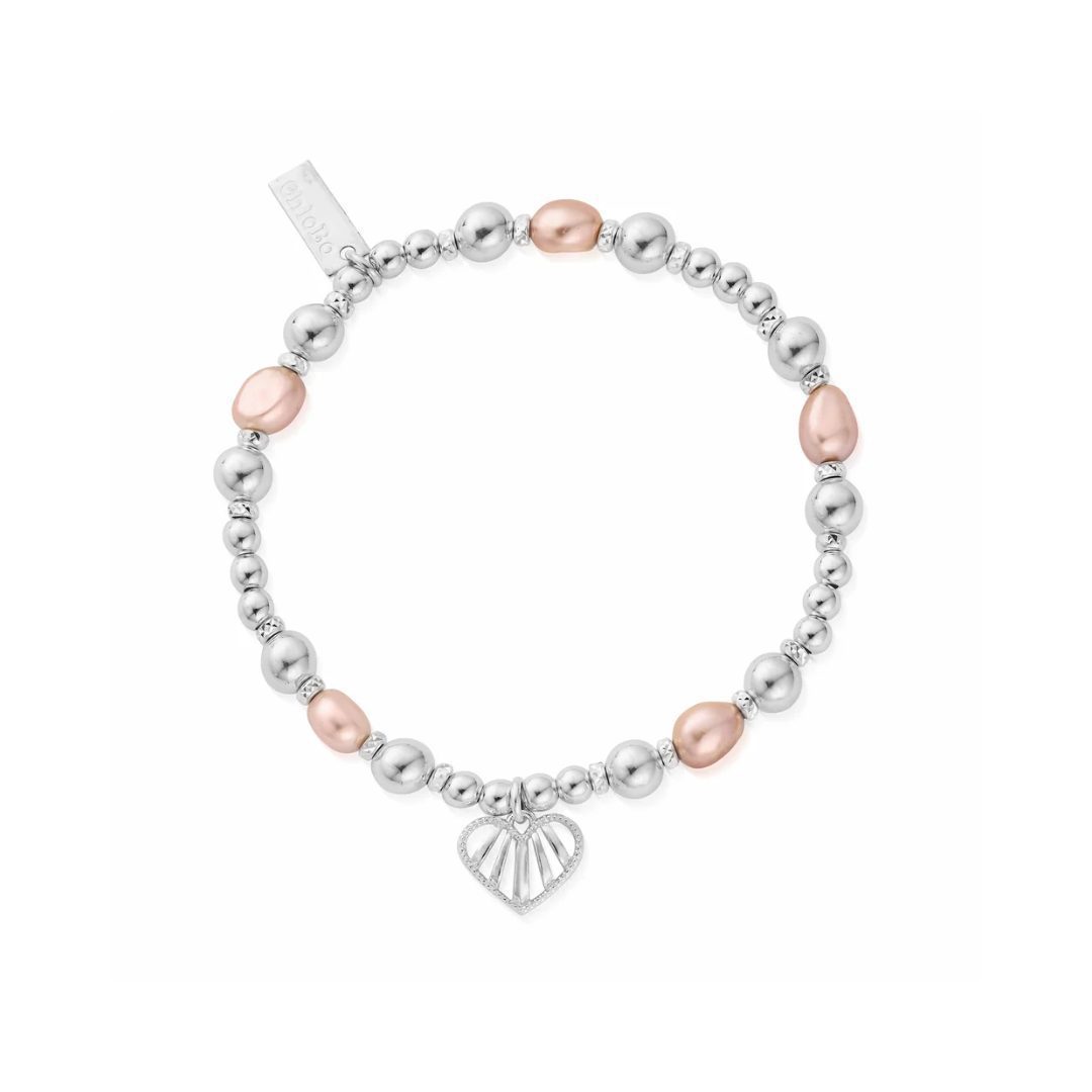ChloBo Silver Loving Heart Pink Pearl Bracelet