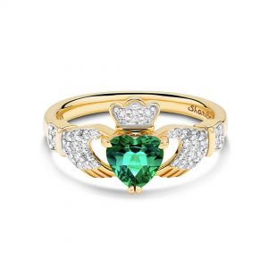 14k Lab Diamond & Emerald Claddagh Bande Set Ring