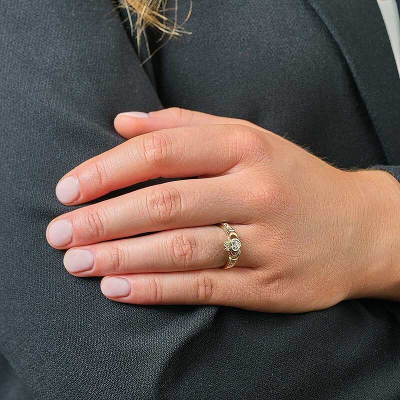 9K Ladies Claddagh Ring Cubic Zirconia - Image 3