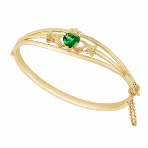 Gold Plated Claddagh Bangle with Green Crystal Heart