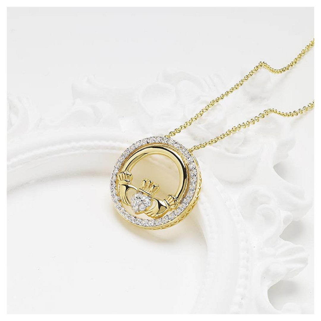 14k Gold Vermeil Claddagh White Sapphire Necklace - Image 3
