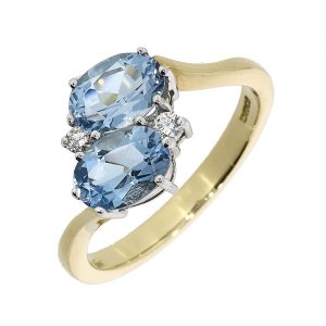 18k Gold Two Oval Aqua and Diamond Toi et Moi Ring
