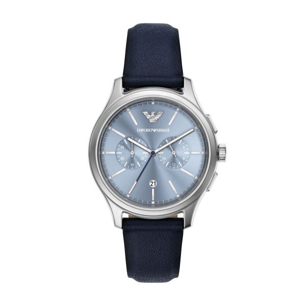 Armani Dario Chrono Blue Dial Pro Planet Leather Strap Gents Watch