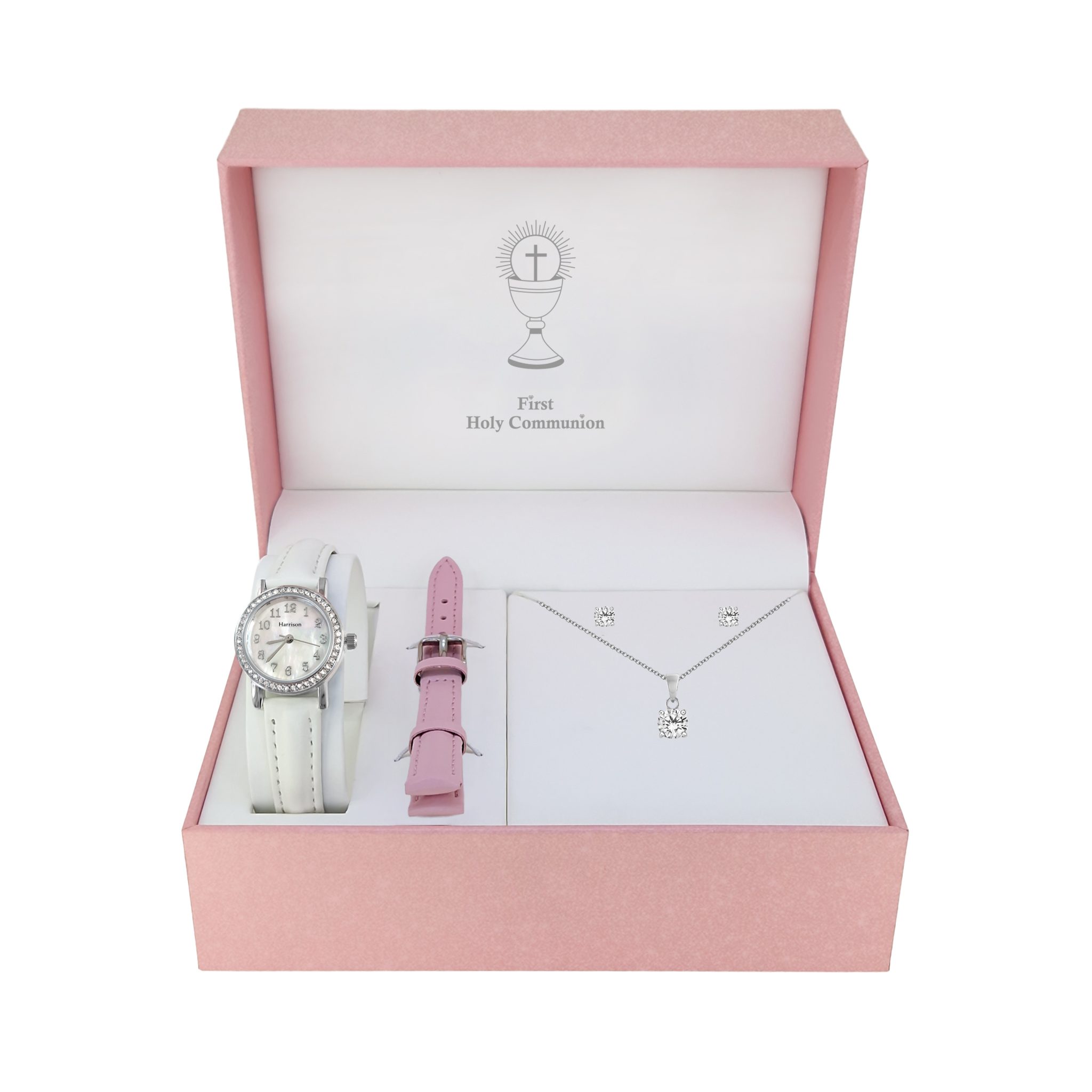 Girls Communion Stone Set Watch and Interchangeable Strap with Pendant and Earring Set