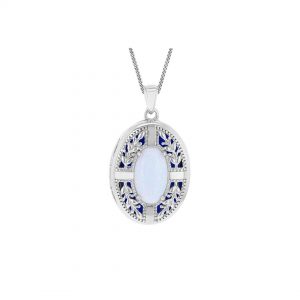 Sterling Silver Synthetic Opal Oval leaf Locket