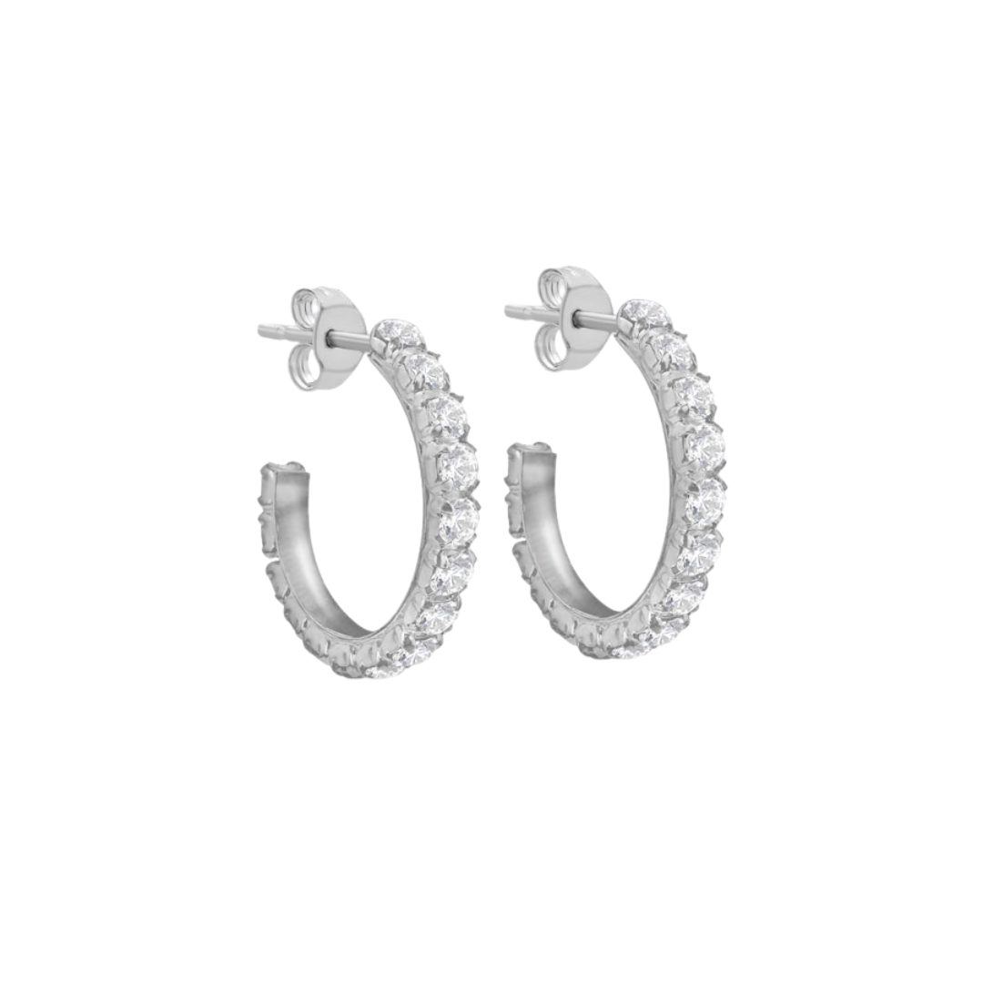 Silver White Crystal Hoop Earrings