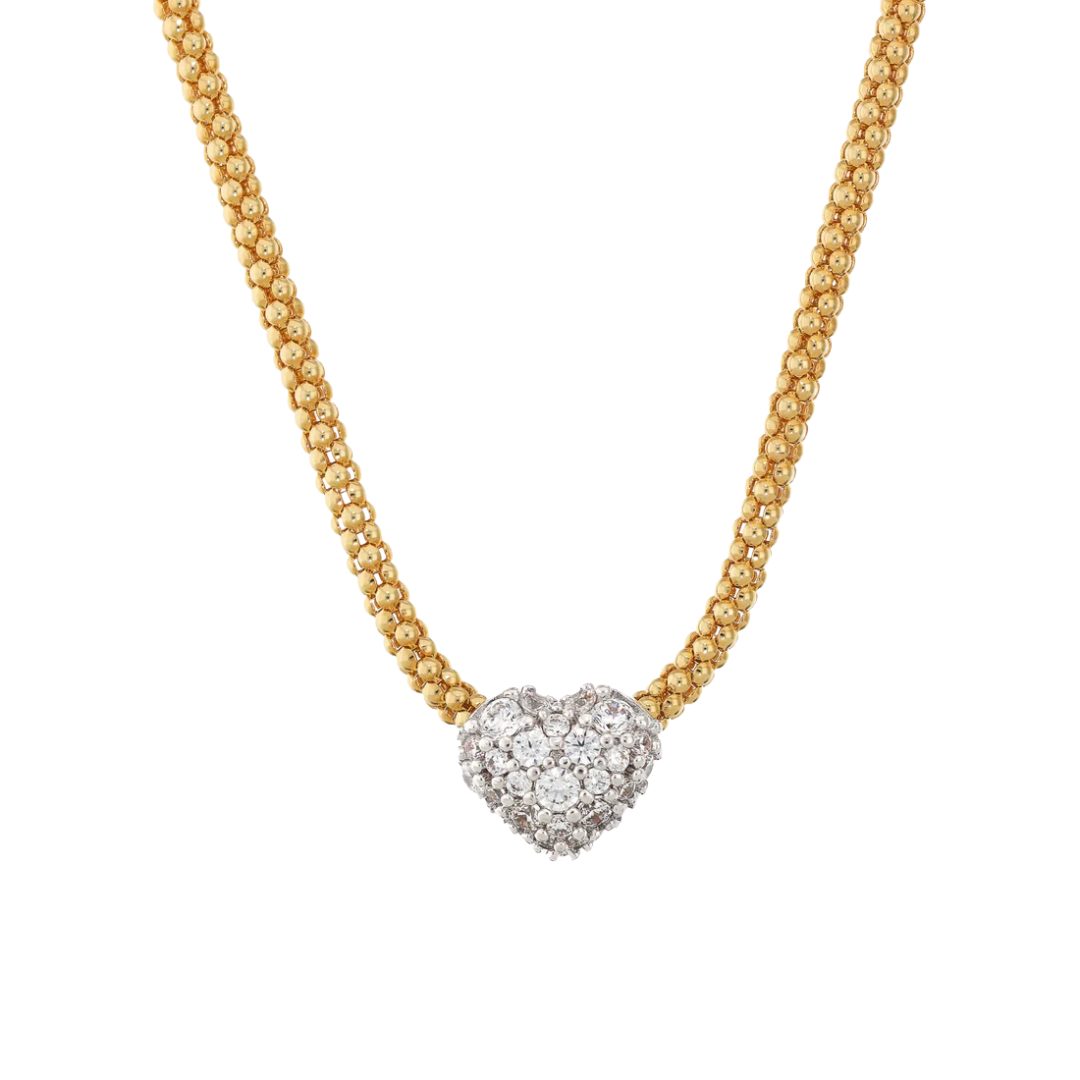 Bronzallure Golden Popcorn Chain CZ Heart Necklace