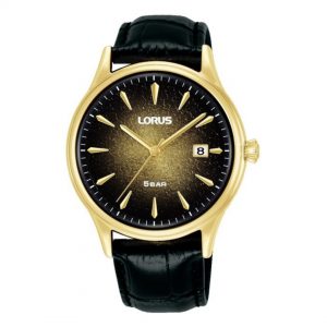 Lorus Gents Gold Plated Black Strap Watch