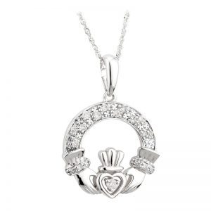 14K White Gold Diamond Claddagh Necklace