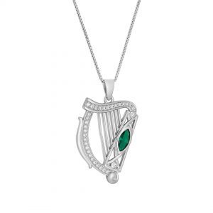 Silver Harp Pendant With Green Stone