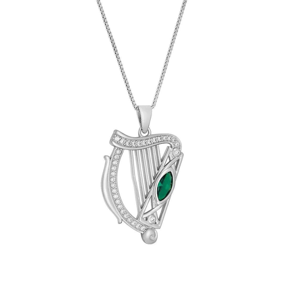 Silver Harp Pendant With Green Stone