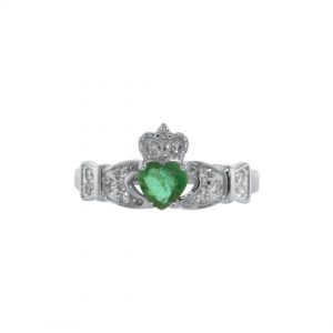 14k White Gold Diamond & Emerald Claddagh Ring