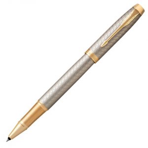 Parker IM Premium Warm Grey Gold Trim Rollerball Fine Point Black Pen