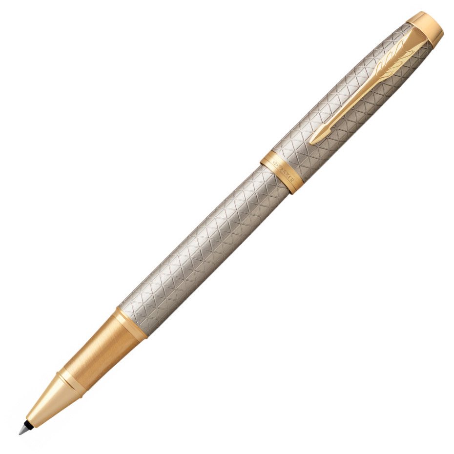 Parker IM Premium Warm Grey Gold Trim Rollerball Fine Point Black Pen