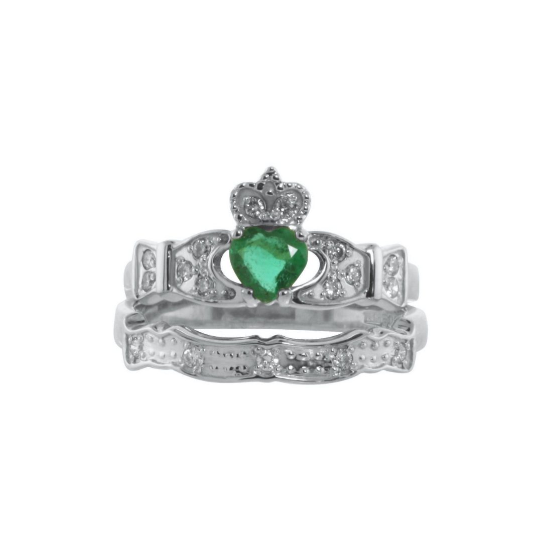 14k White Gold Diamond & Emerald Claddagh Ring - Image 2
