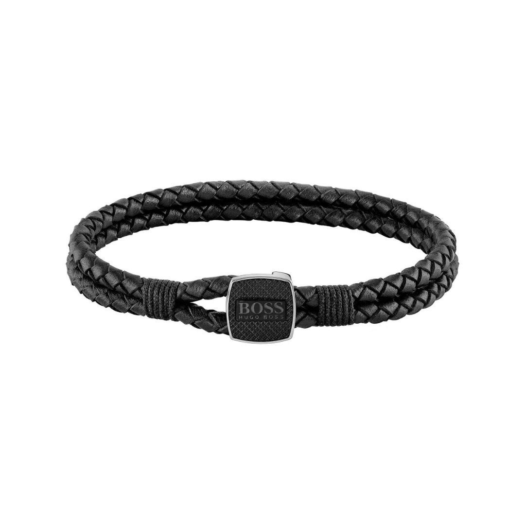 BOSS Double Rope Black Leather Mens Bracelet