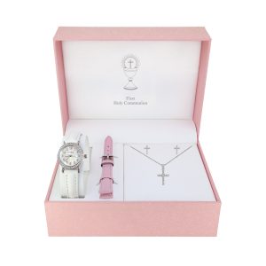 Girls Communion Stone Set Watch with Interchangeable Strap and CZ Cross Pendant and Earrings Set