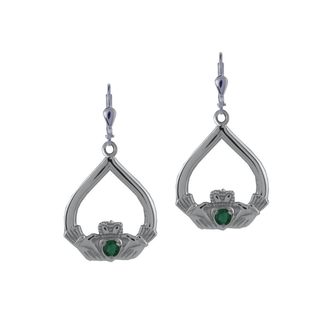 Silver Claddagh Drop Green Stone Earrings
