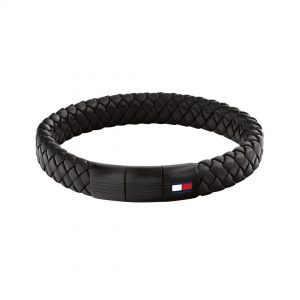 Tommy Hilfiger Black Clasp Braided Leather Bracelet