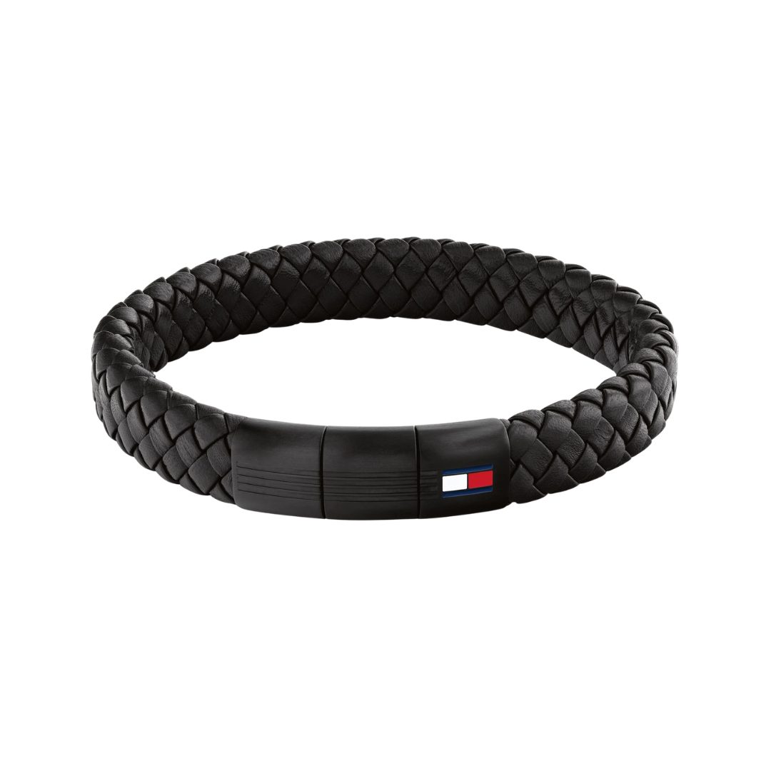 Tommy Hilfiger Black Clasp Braided Leather Bracelet