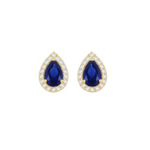 9K Gold Blue Pear Shaped Cubic Zirconia Halo Stud Earrings