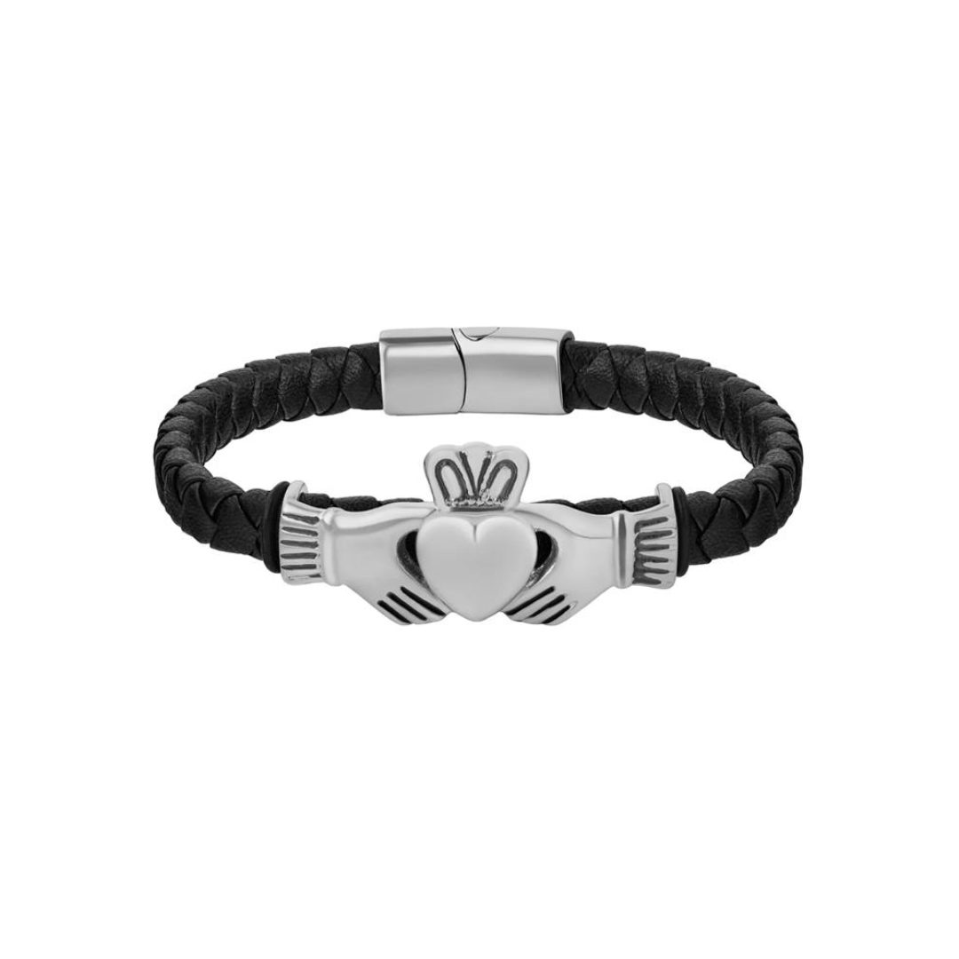 Rhodium & Black Leather Claddagh Bracelet