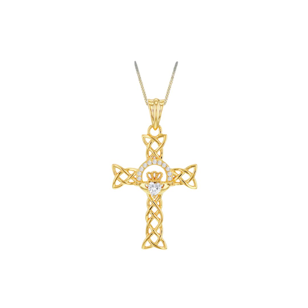Gold Plated Celtic Claddagh CZ Cross Pendant