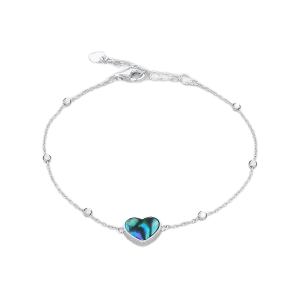 Sterling Silver Rhodium Plated Paua Shell Heart Adjustable Trace and Ball Bracelet