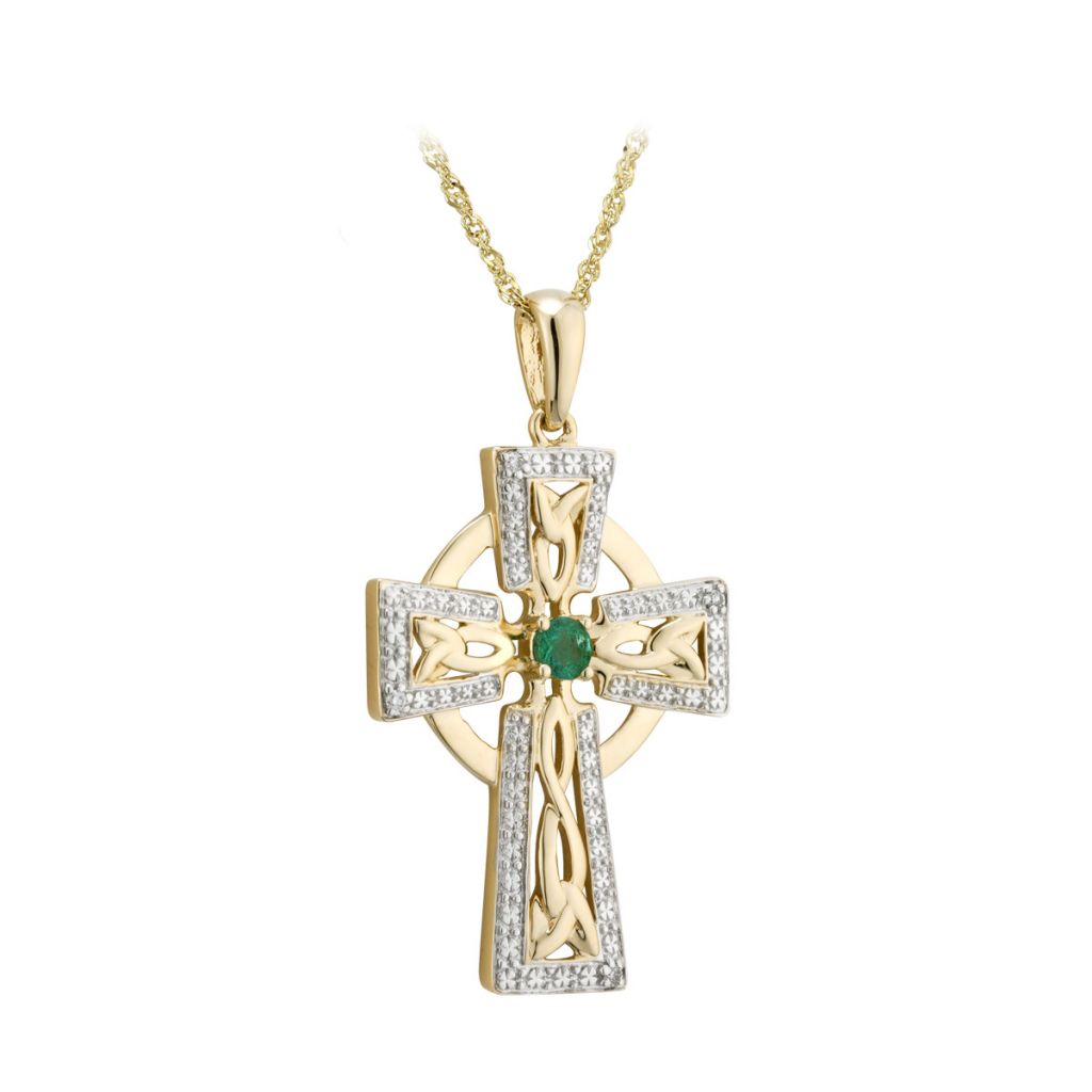 14K Gold Emerald & Diamond Cross