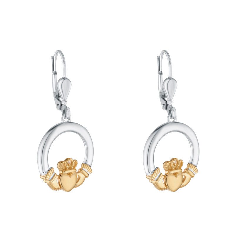 Sterling Silver & 10K Gold Diamond Claddagh Earrings