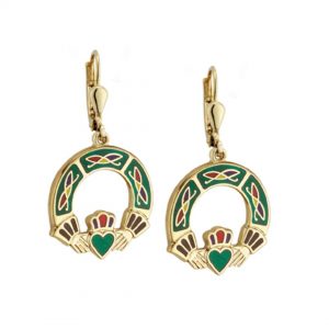 Gold Plated Tara Claddagh Earrings - Green