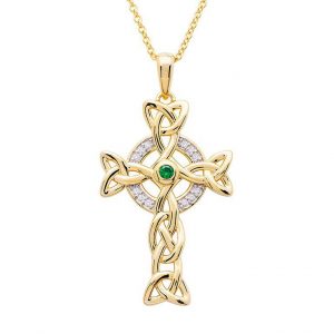 14K Gold Vermeil Emerald Celtic Cross Necklace