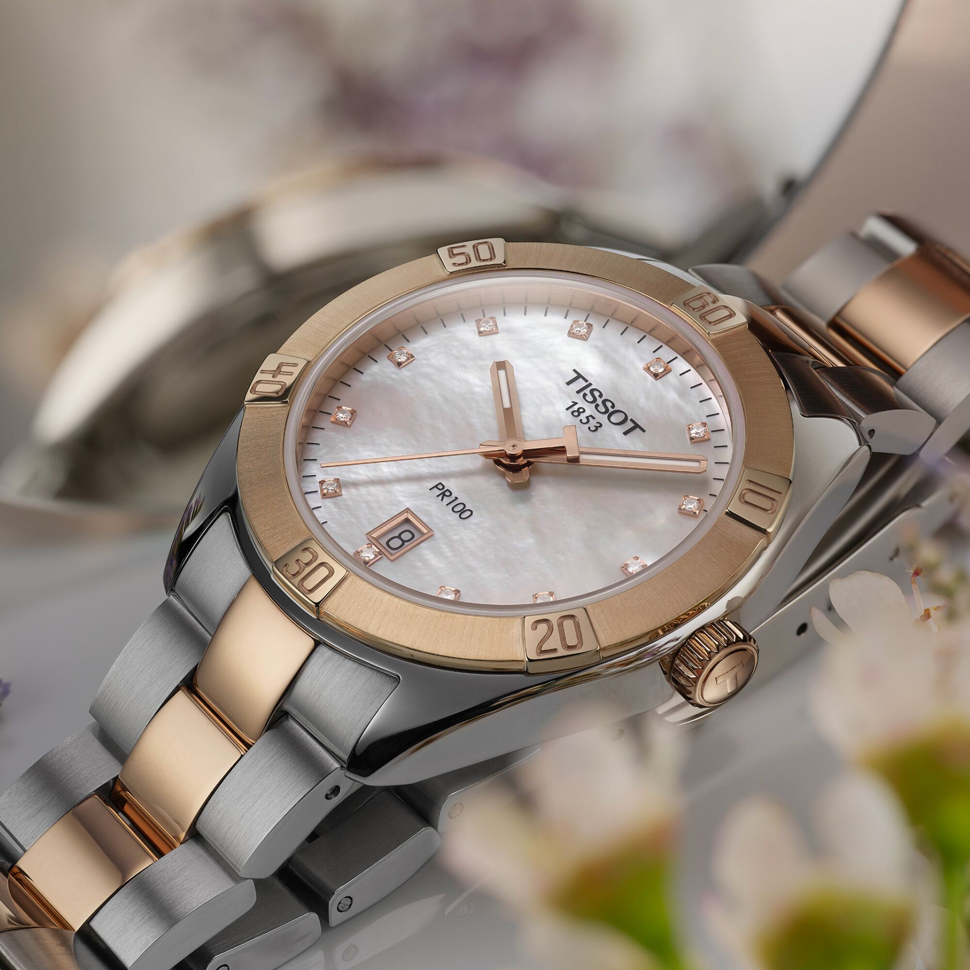 Tissot PR 100 Sport Chic Ladies Stainless Steel Rose Gold Tone Mother Of Pearl Dial Watch - Image 5