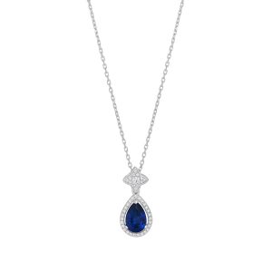 Silver Cubic Zirconia Sapphire Pear Drop Pendant