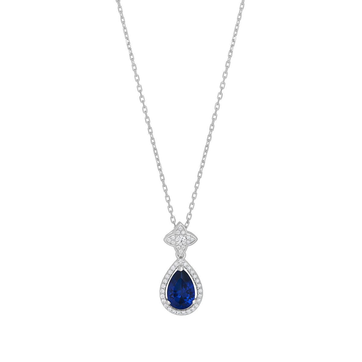 Silver Cubic Zirconia Sapphire Pear Drop Pendant