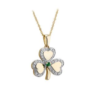 9K Gold Emerald & Diamond Shamrock Pendant