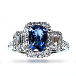18K White Gold Emerald Cut Tanzanite and Diamond Cluster Ring