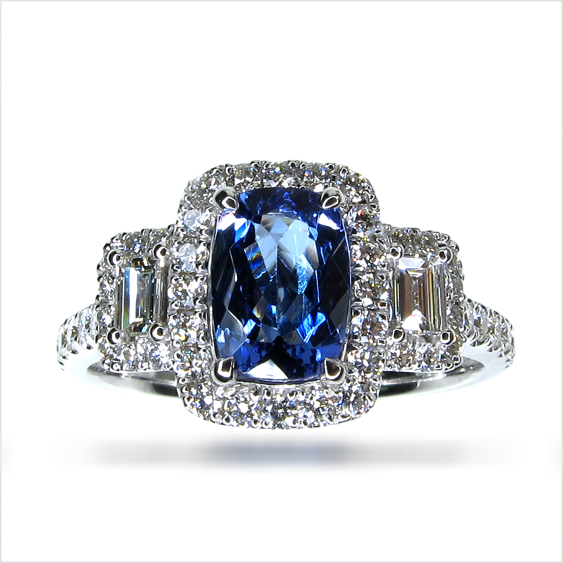 18K White Gold Emerald Cut Tanzanite and Diamond Cluster Ring