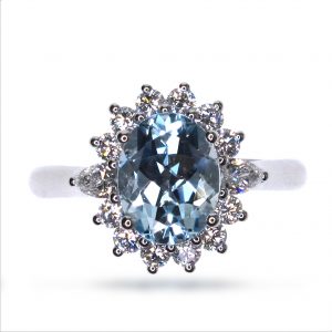 18K White Gold Aquarmarine and Diamond Cluster Ring