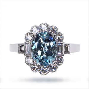 18K White Gold Aquamarine and Diamond Cluster Ring with Baguette Shoulders