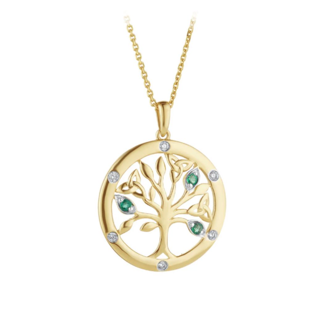 14K Gold Flush Set Diamond & Emerald Tree of Life Necklace