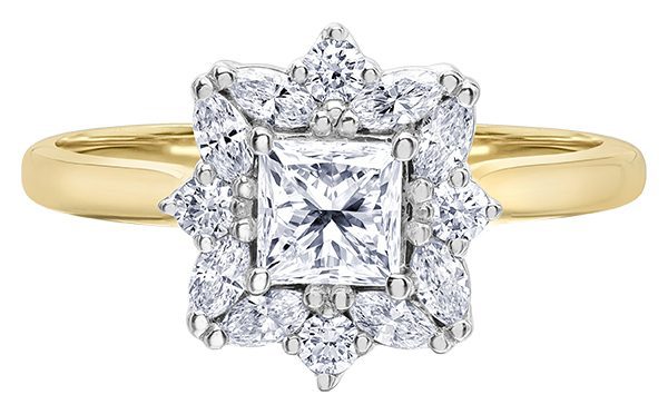 18K Gold Diamond Princess Cluster Centre Ring 0.70Ct